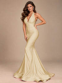 Pink Halter Deep V-Neck Ruched Mermaid Prom Dress