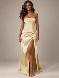 Burgundy Strapless Sparkly Corset Prom Dress with High Slit