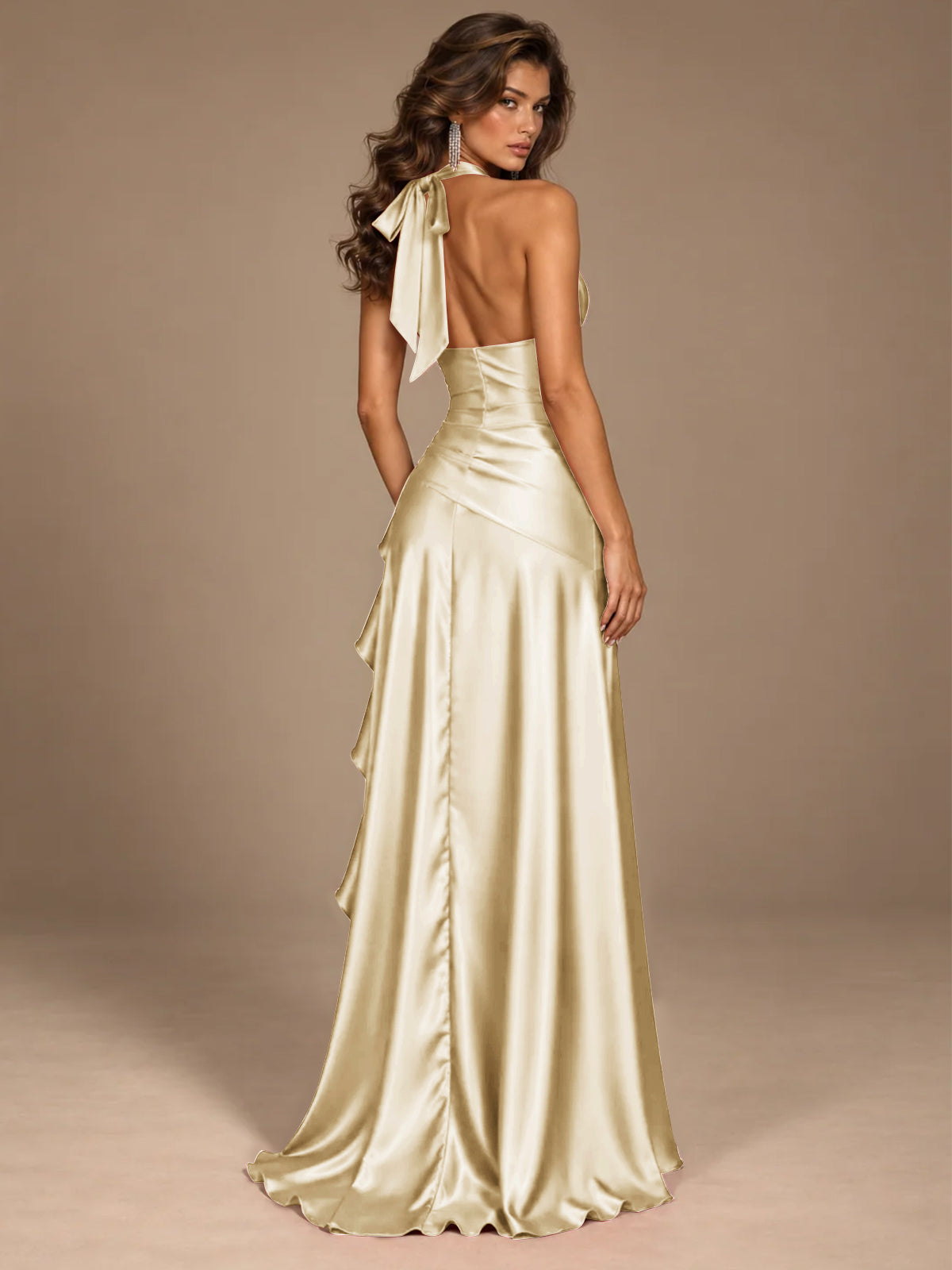 Burgundy Halter Deep V-Neck Ruched High Slit Ruffle Prom Dress