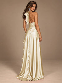 Burgundy Halter Deep V-Neck Ruched High Slit Ruffle Prom Dress