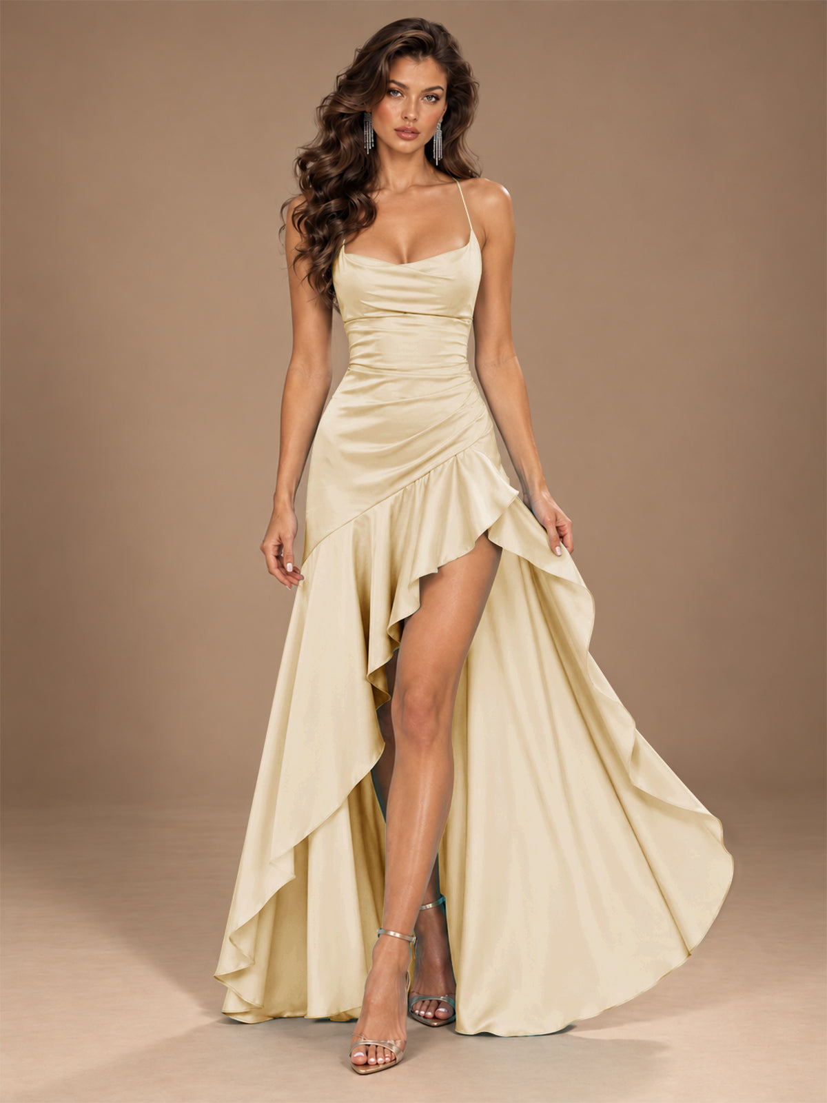 Burgundy Spaghetti Strap Ruched Prom Dress with Ruffled High Slit