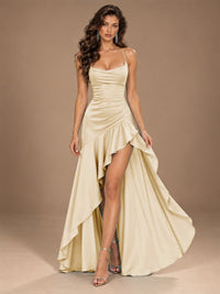 Burgundy Spaghetti Strap Ruched Prom Dress with Ruffled High Slit