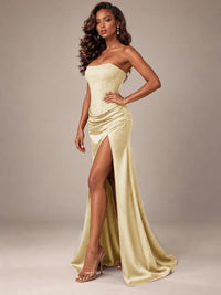 Burgundy Strapless Sparkly Corset Prom Dress with High Slit