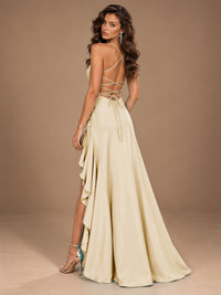 Burgundy Spaghetti Strap Ruched Prom Dress with Ruffled High Slit