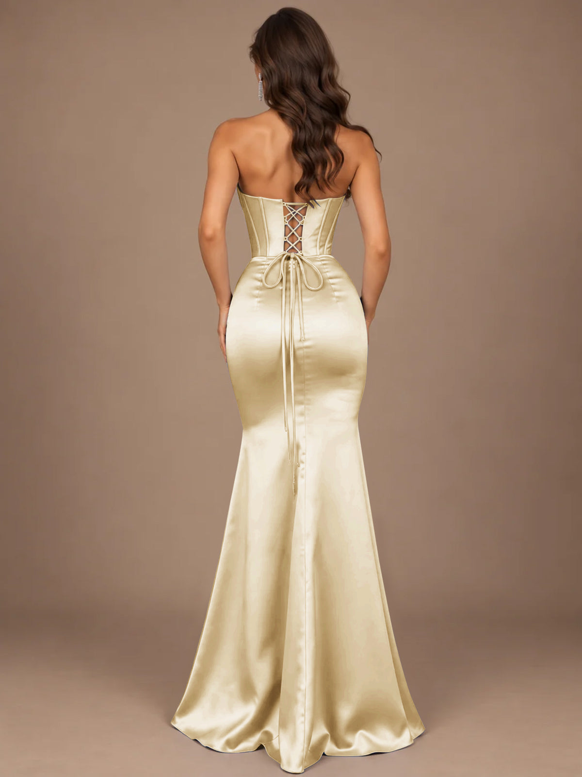Dusty Blue Strapless Lace Corset Prom Dress with High Slit