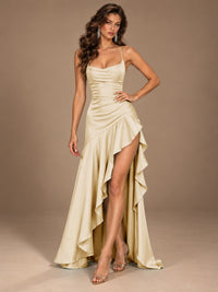 Burgundy Spaghetti Strap Ruched Prom Dress with Ruffled High Slit