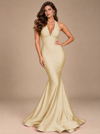 Pink Halter Deep V-Neck Ruched Mermaid Prom Dress