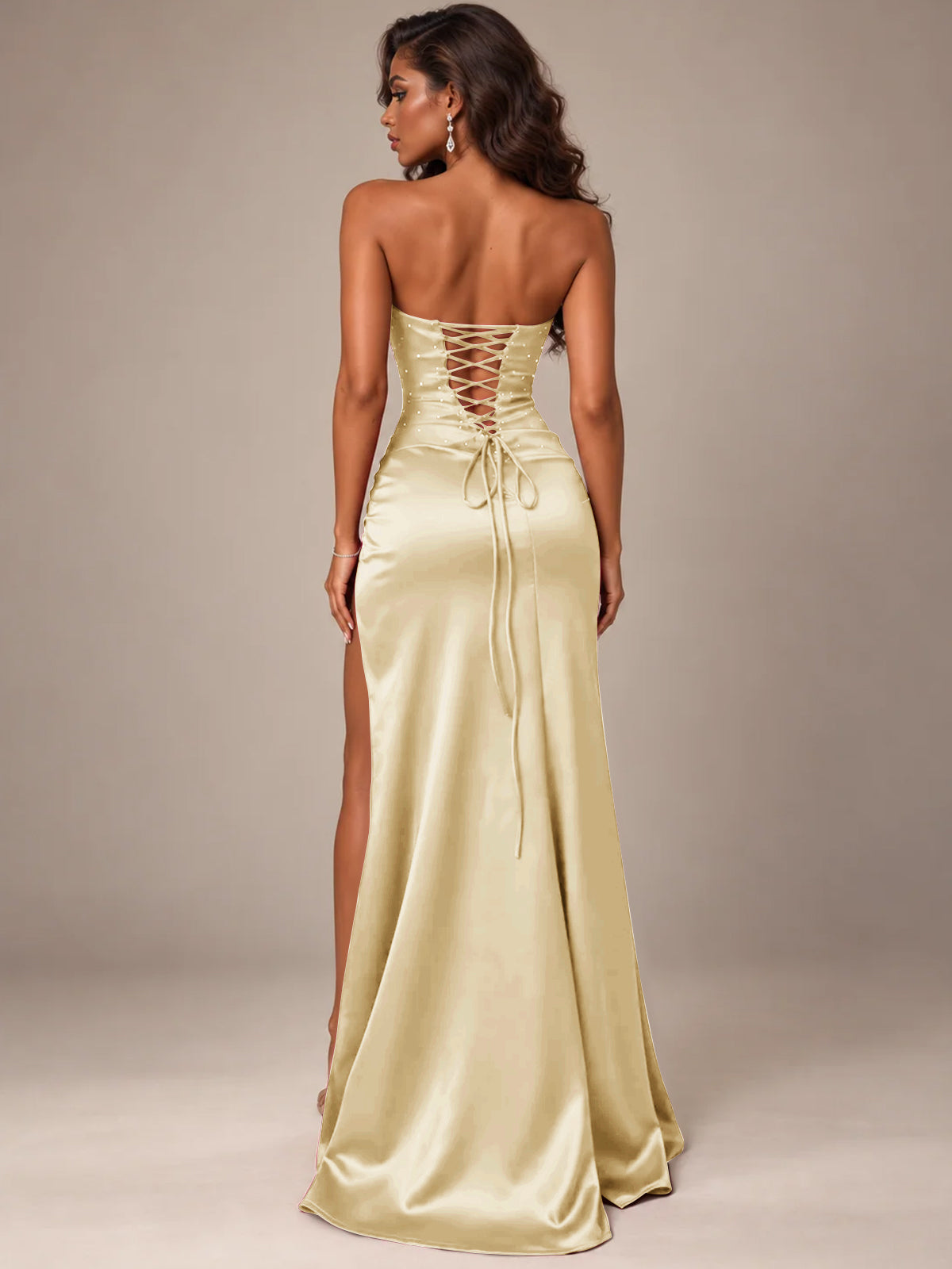 Burgundy Strapless Sparkly Corset Prom Dress with High Slit