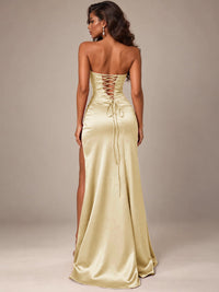 Burgundy Strapless Sparkly Corset Prom Dress with High Slit