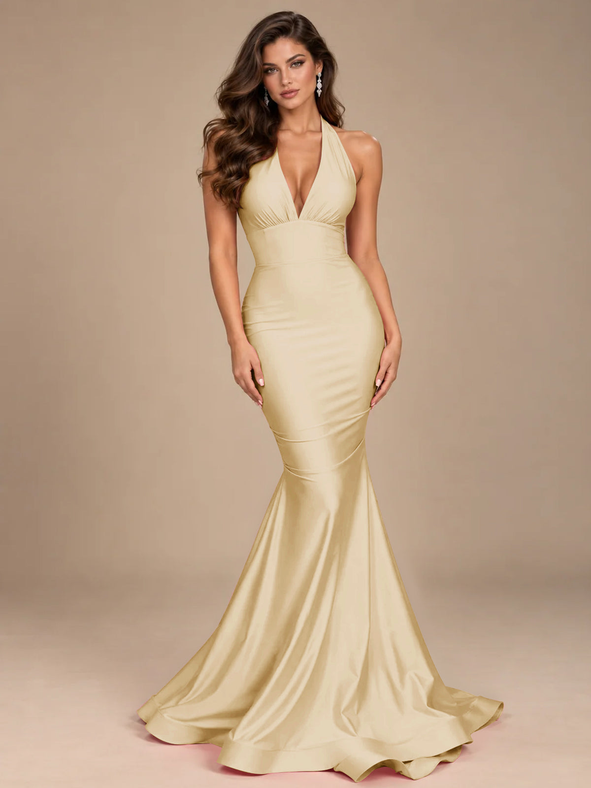 Pink Halter Deep V-Neck Ruched Mermaid Prom Dress