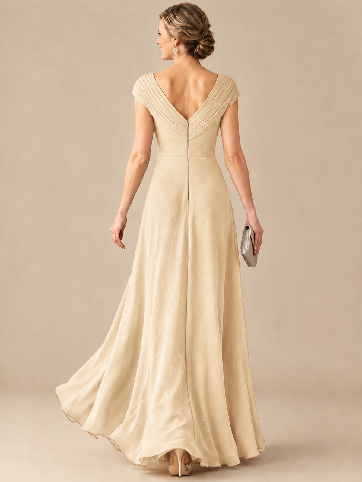 Pleated Chiffon Lace Mother of The Bride Dresses with Beading Cap Sleeves