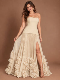 Strapless Pleated Floral Satin Formal Dress with Side Slit