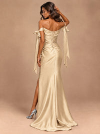 Off The Shuolder Satin Prom Dress Slit Mermaid Formal Gowns