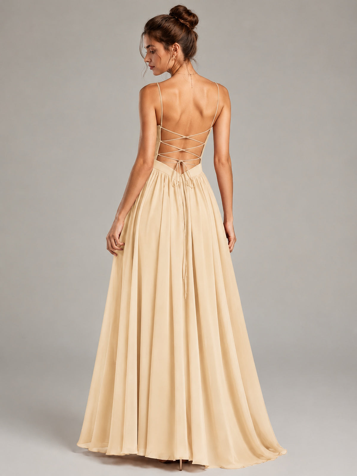 Spaghetti Strap Ruched Chiffon Maxi Dress with Backless