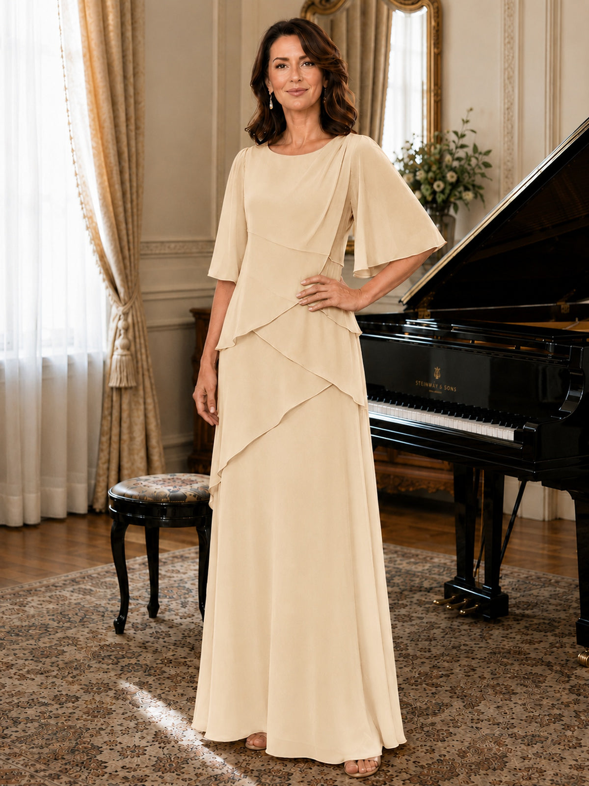 Asymmetric Draped Chiffon Mother of the Bride Dress with Flutter Sleeves
