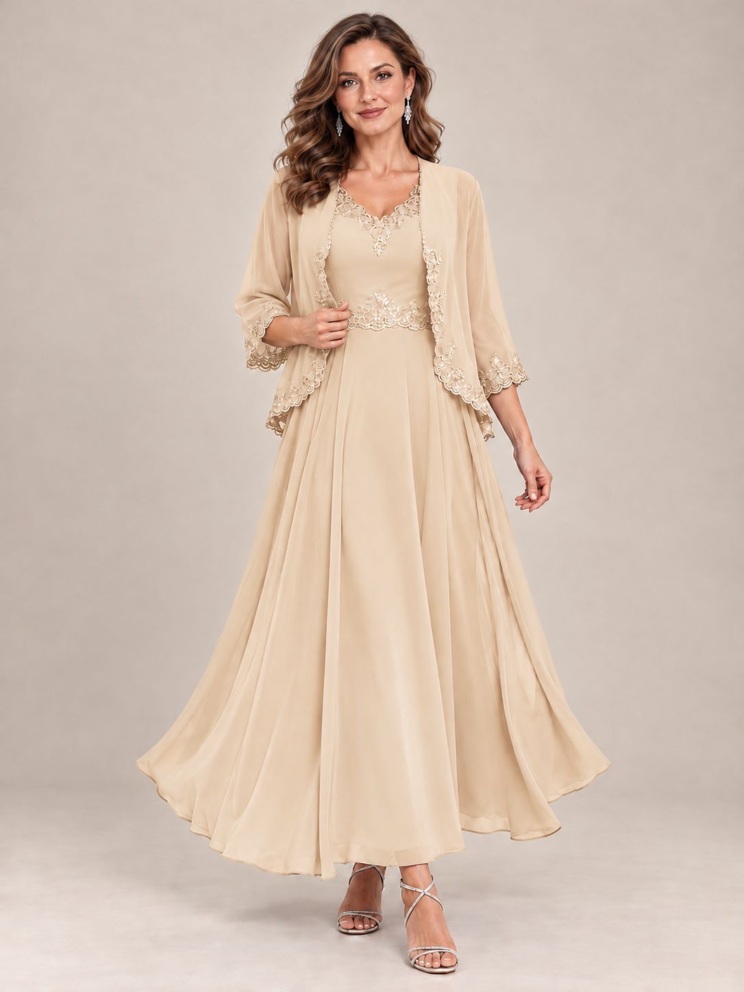 Dusty Blue Floral Lace Chiffon Mother of the Bride Dress with Jacket