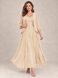 Dusty Blue Floral Lace Chiffon Mother of the Bride Dress with Jacket