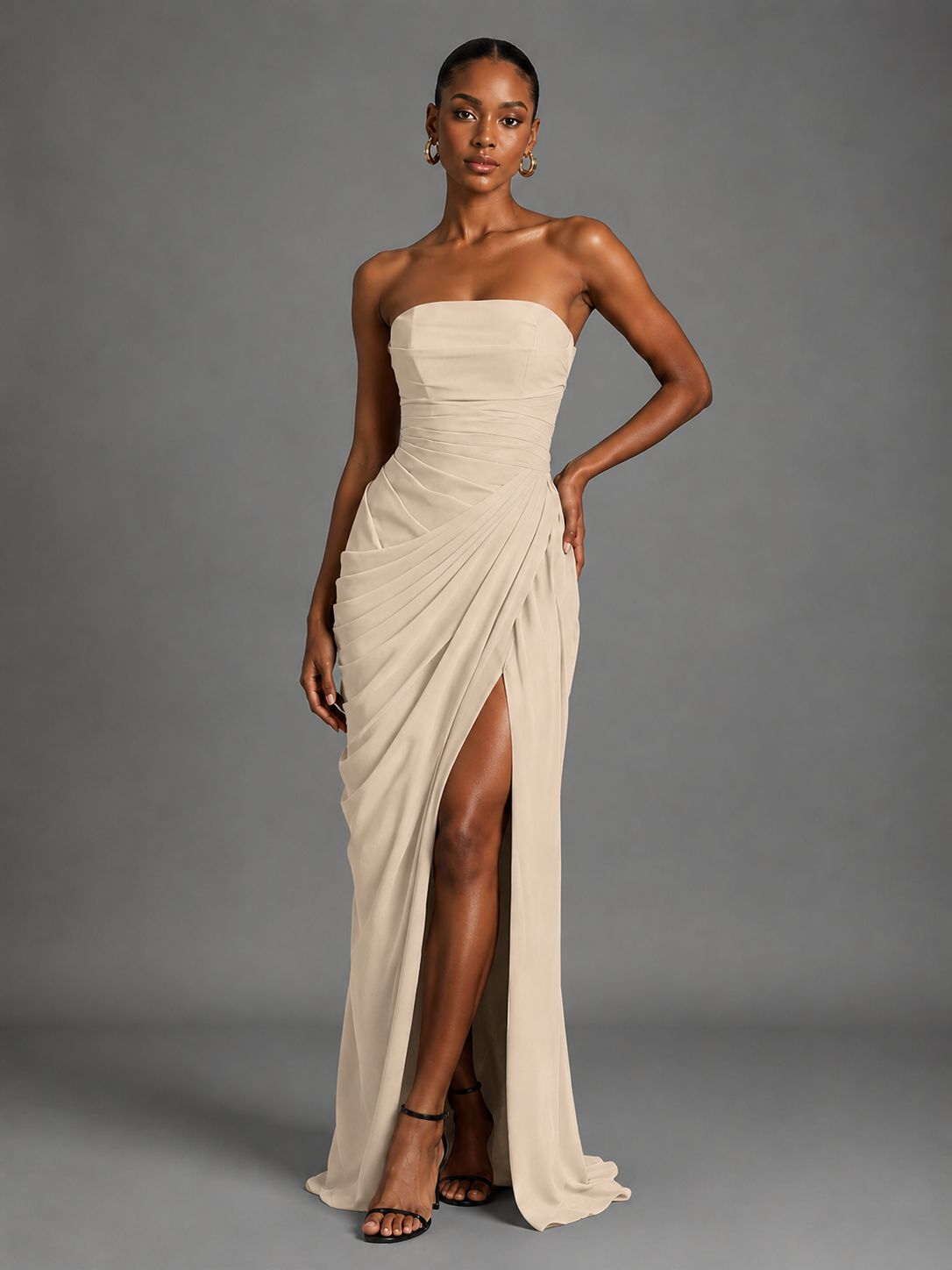 Strapless Bodycon Pleated Chiffon Formal Dress with Slit