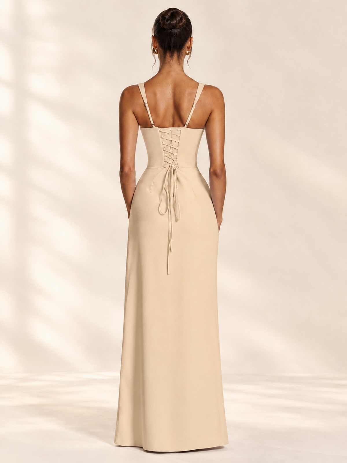 Square Neck Satin Sleeveless Ruched Prom Dress with High Slit