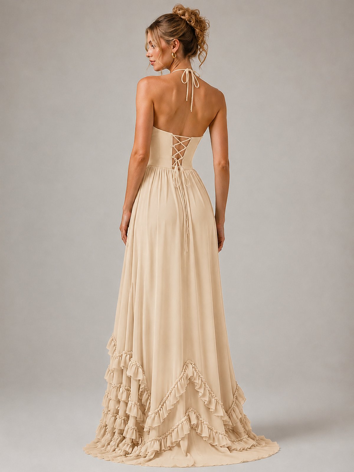 Halter V Neck Chiffon Formal Dress with Lace-Up Back and Ruffle Hem