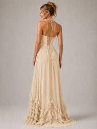 Halter V Neck Chiffon Formal Dress with Lace-Up Back and Ruffle Hem