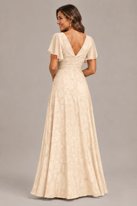 Jovellee Floral Chiffon A-Line Mother of the Bride Dress with Flutter Sleeves
