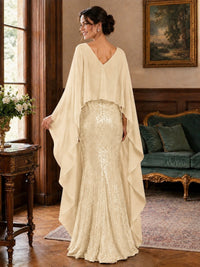 Sequin 2 Pieces Mother of the Bride Dress with Cap Sleeves Chiffon Formal Gowns