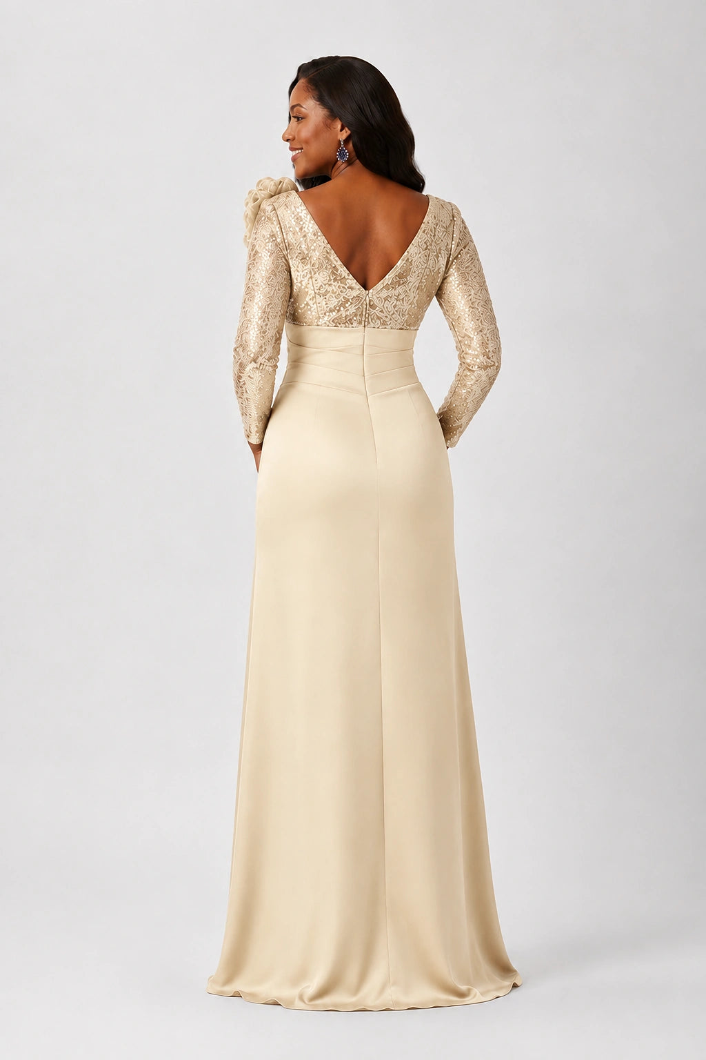 Sequin Mother of the Bride Dress with Long Sleeves 3D Floral V-Neck Gown