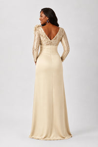 Sequin Mother of the Bride Dress with Long Sleeves 3D Floral V-Neck Gown
