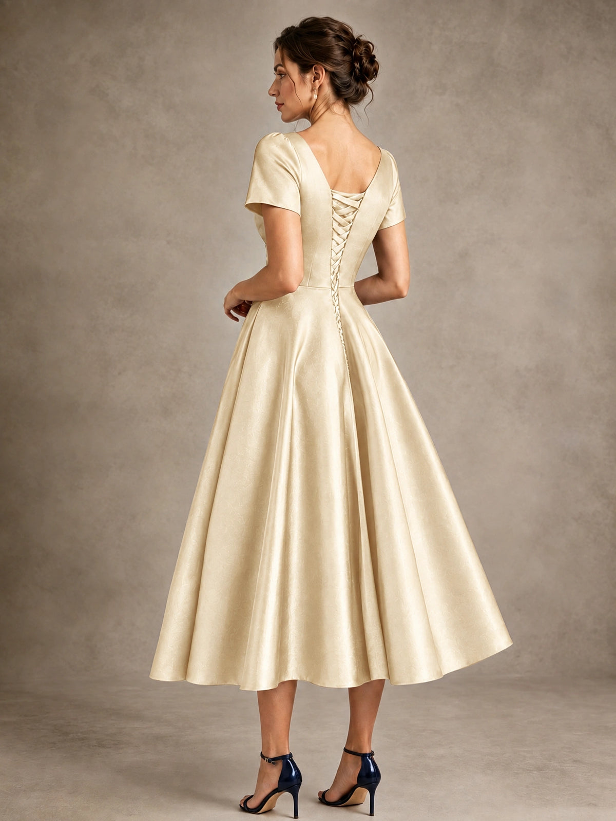 V-Neck Tea-Length Satin Mother of the Bride Dress with Bow