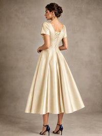 V-Neck Tea-Length Satin Mother of the Bride Dress with Bow