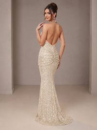 Gold Halter Sequin Mermaid Ruched Prom Dress Long Ruched Evening Gown