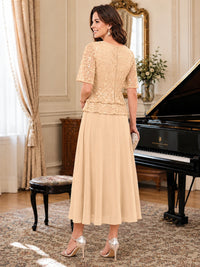 Tea-Length Chiffon Mother of the Bride Dress with Sequin Lace Sleeves