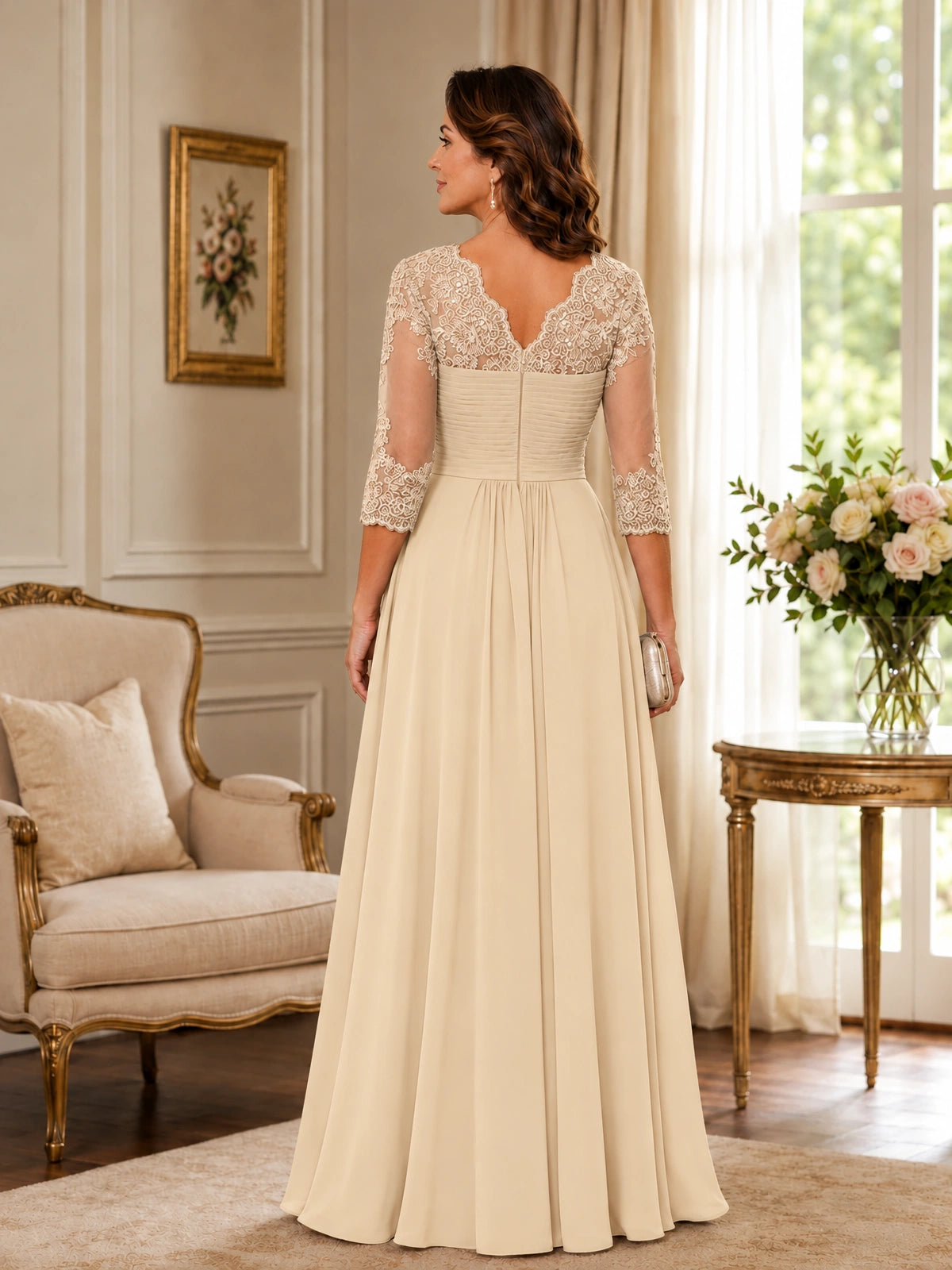 Chiffon Lace Applique Mother of the Bride Dress with 3/4 Sleeves