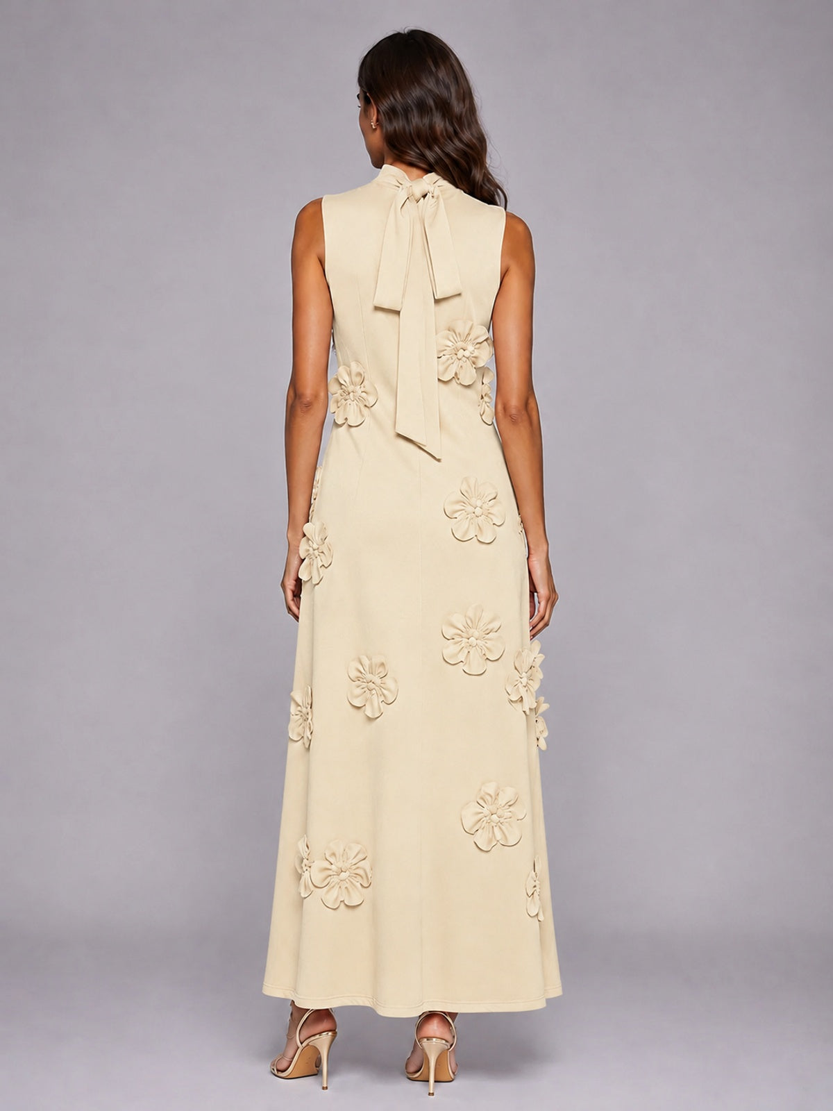3D Floral Applique High Neck Prom Maxi Dress
