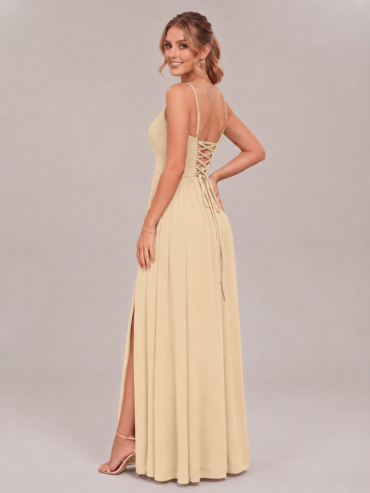 V-Neck Pleated Chiffon Long Bridesmaid Dress with Slit