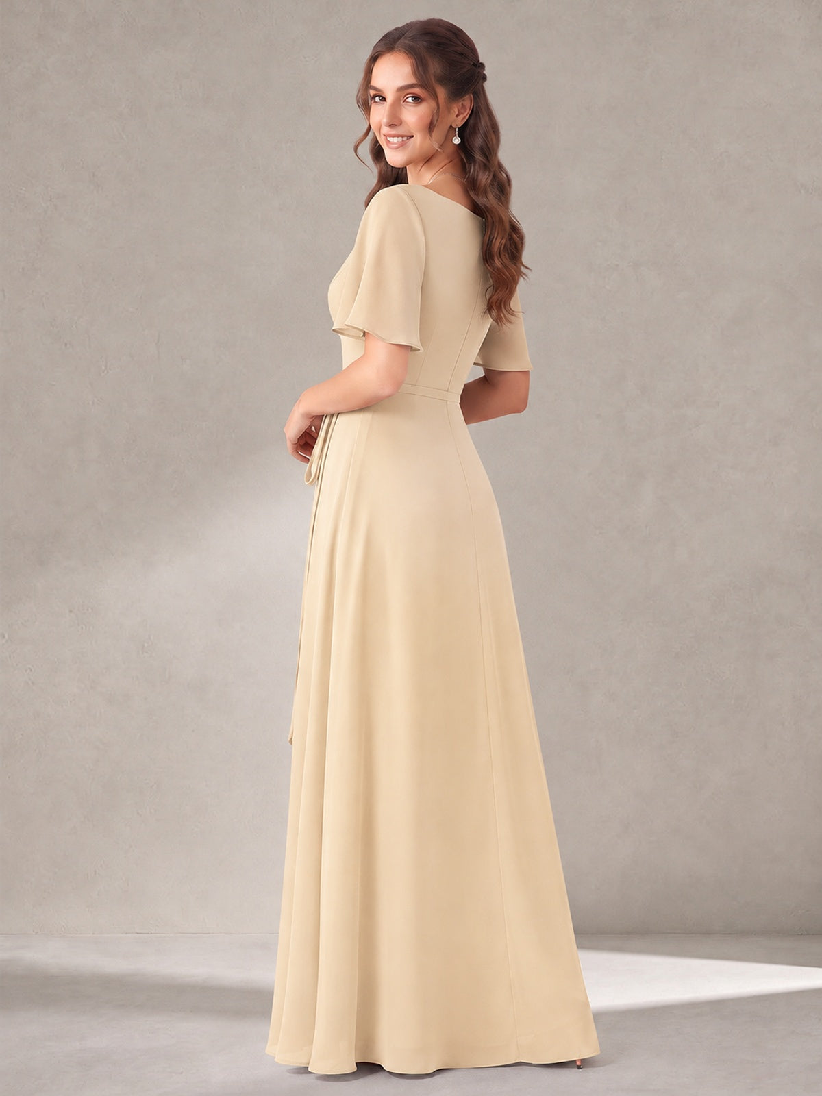 Scoop Neck A-line Chiffon Bridesmaid Dress with Flutter Sleeve & Belt