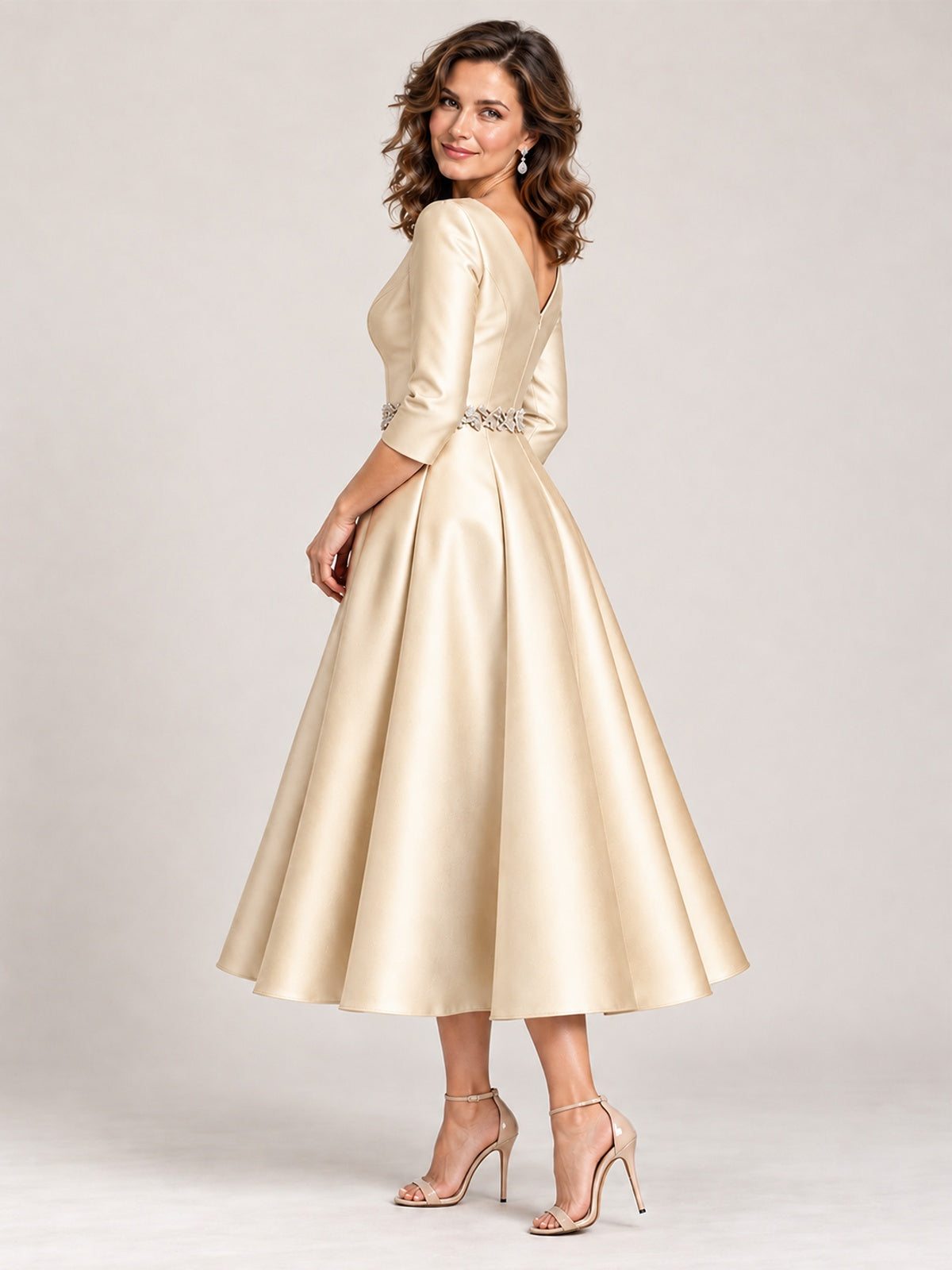 V-Neck Tea-Length Mother of the Bride Dress with Embellished Waist