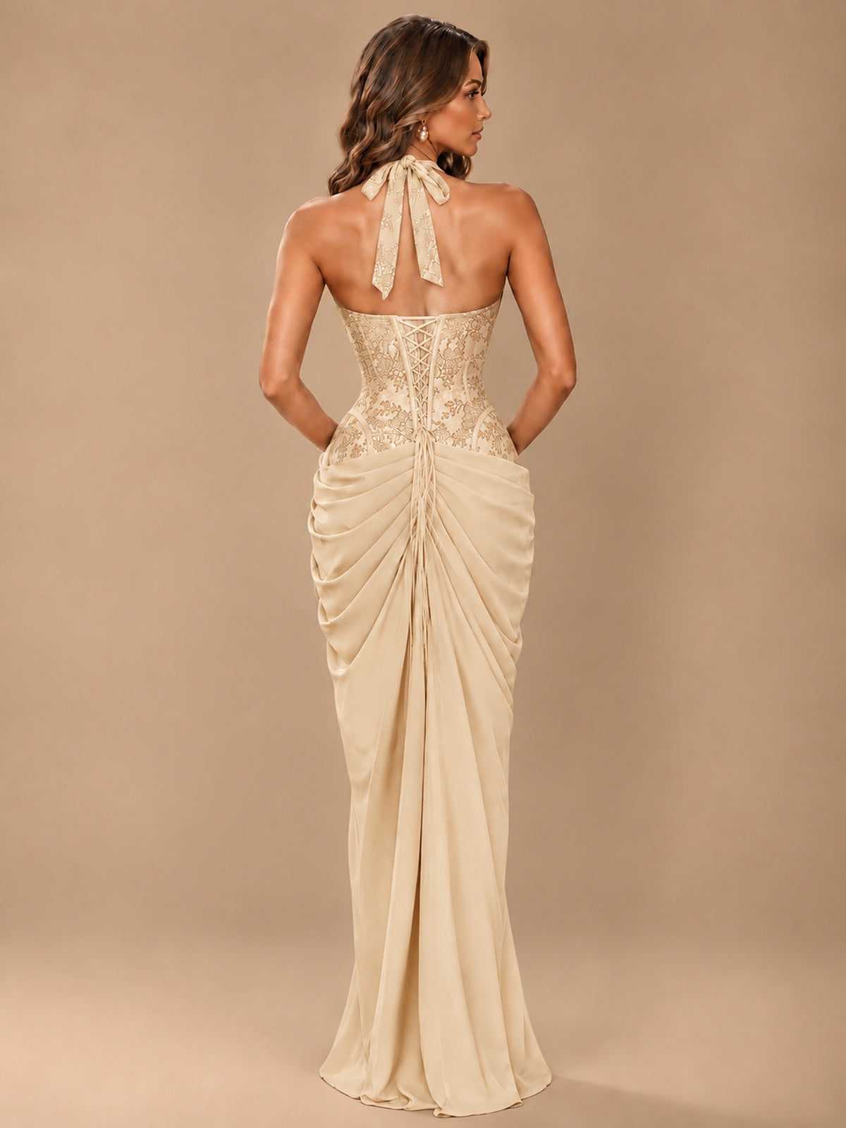 Sweetheart Halter Prom Dress Pleated Lace Floral Formal Dress with Slit