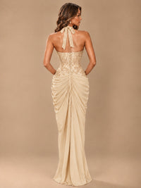 Sweetheart Halter Prom Dress Pleated Lace Floral Formal Dress with Slit