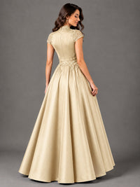 Lace Appliqué A-Line Satin Maxi Dress