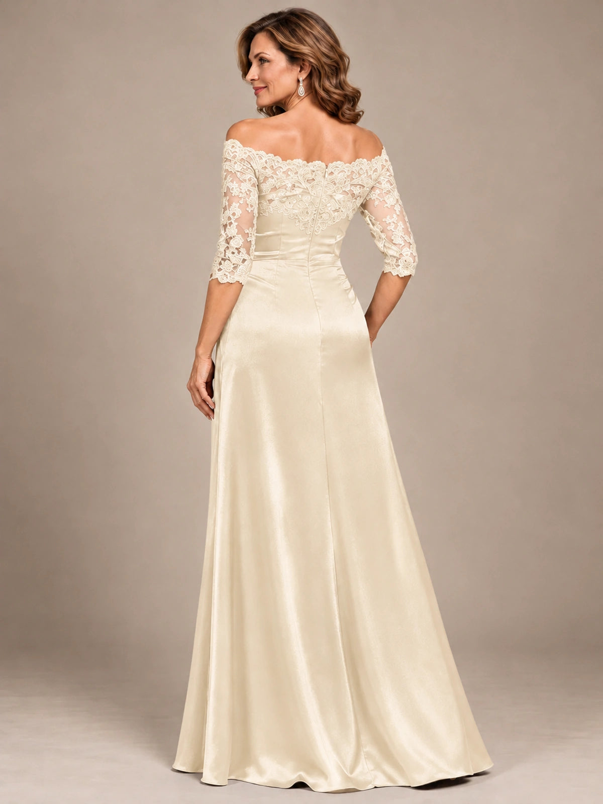 Satin Mother of the Bride Dress with Lace Sleeves Off Shoulder Formal Gown