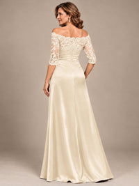 Satin Mother of the Bride Dress with Lace Sleeves Off Shoulder Formal Gown