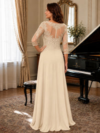 A-Line Chiffon Mother of the Bride Dress with Floral Applique 3/4 Sleeves