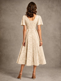 V-Neck Floral Jacquard Tea-Length Mother of the Bride Dress