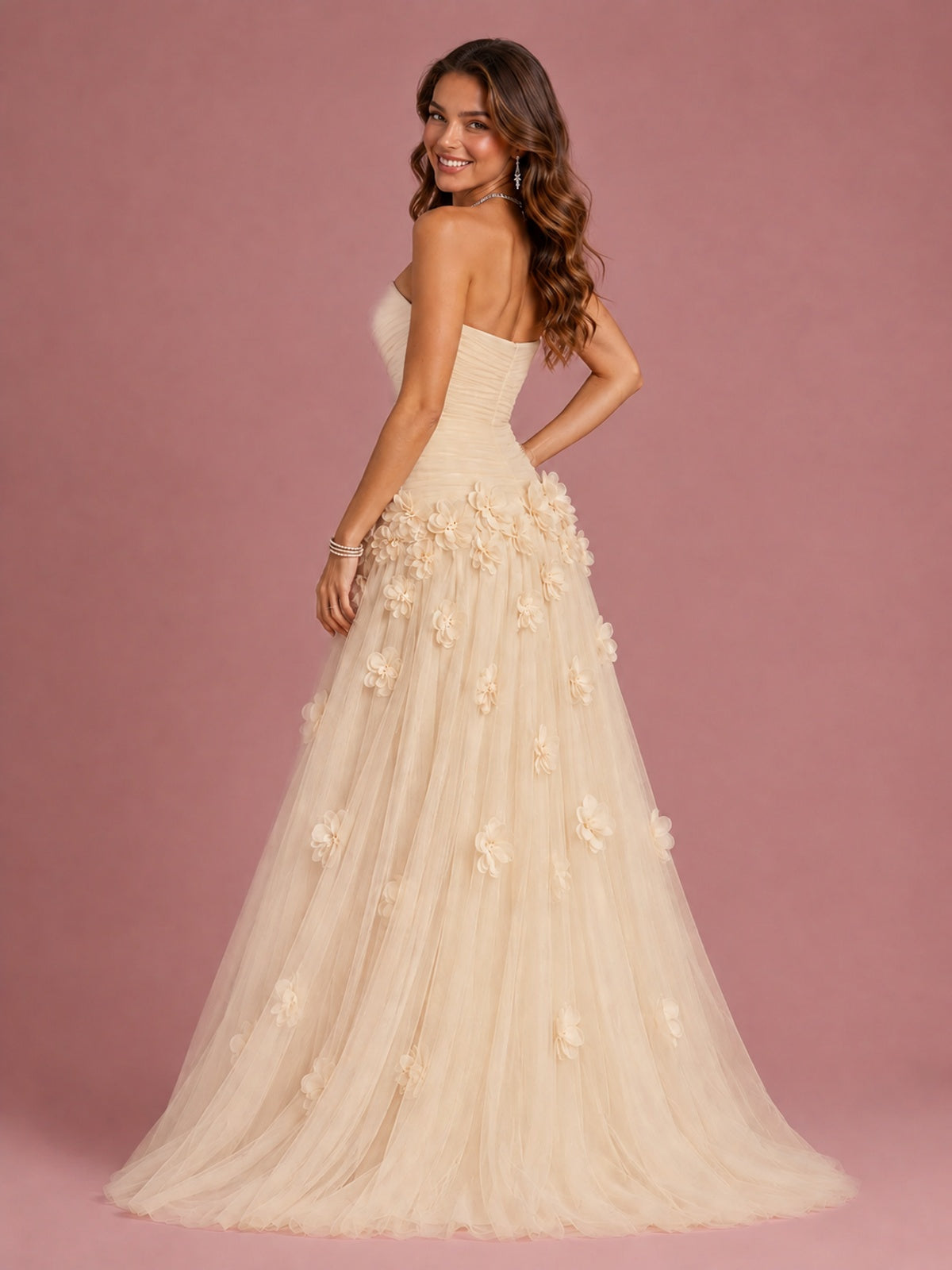 Blush Pink Strapless Sweetheart 3D Floral Tulle Ball Gown Prom Dres