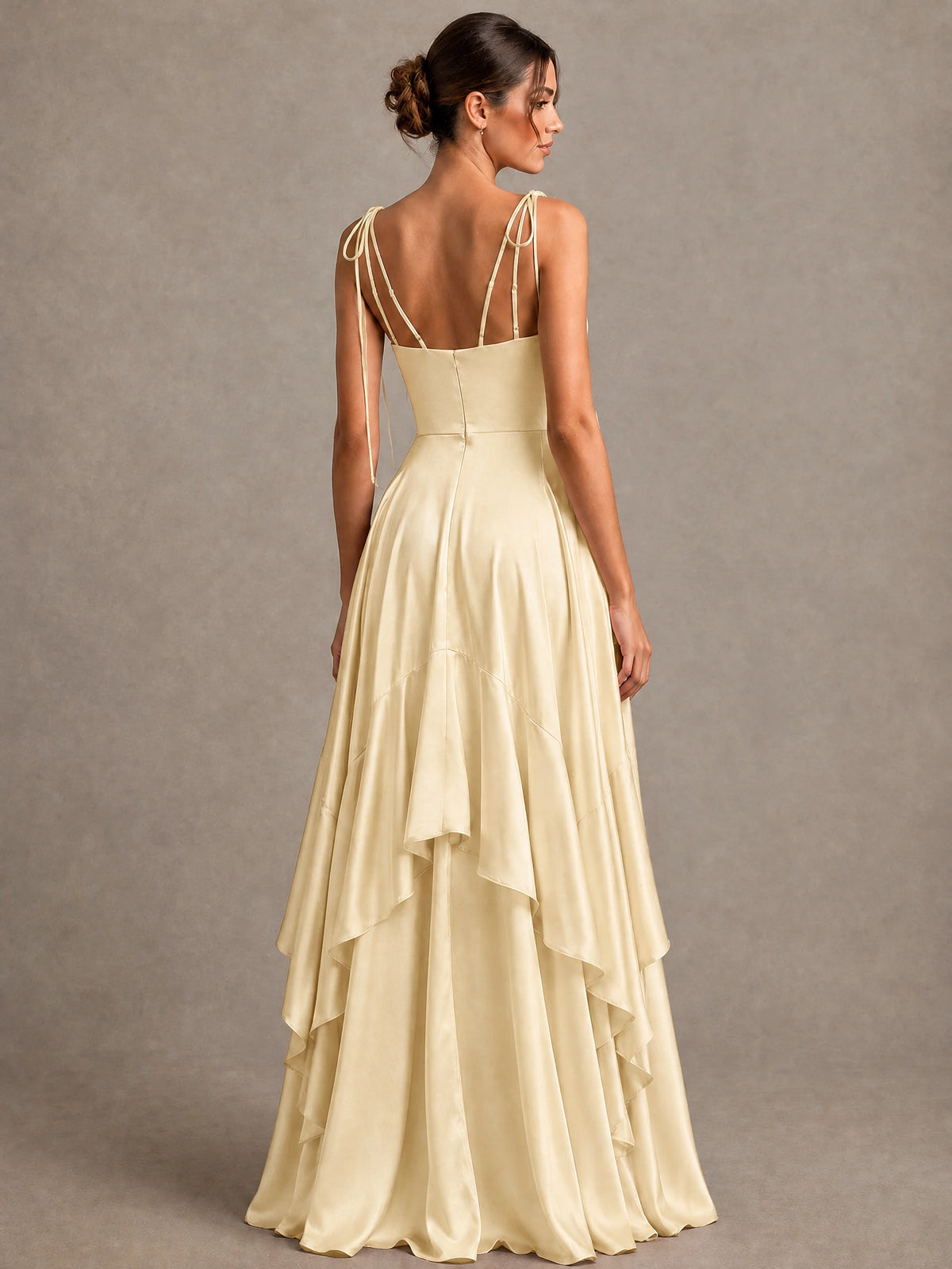 Lavender Satin V-Neck Ruffle Maxi Dress