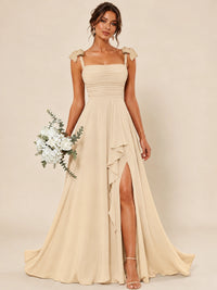 Ruffle Slit Chiffon A Line Scoop Neck Bridesmaid Dresses with Pockets