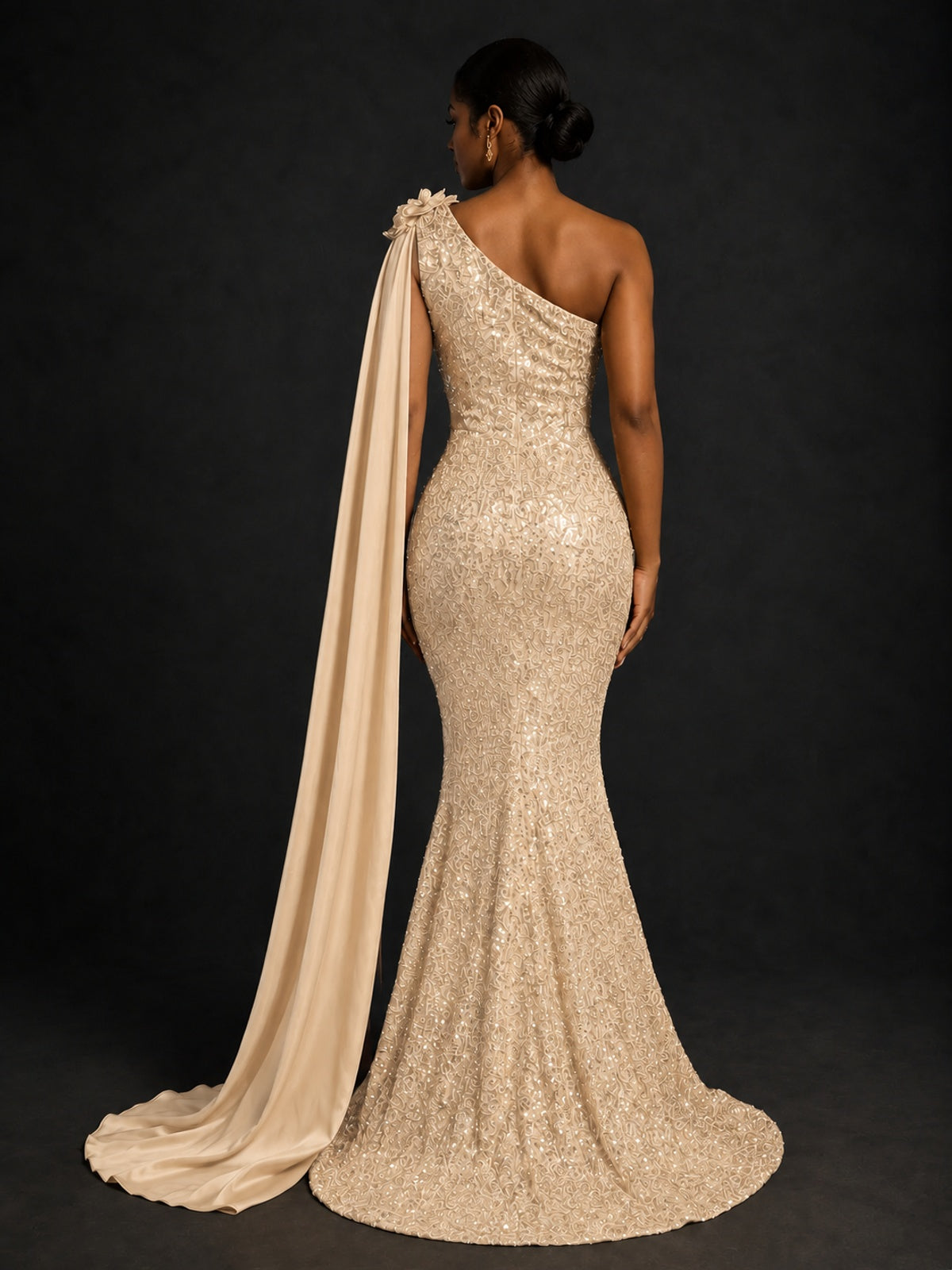 Gold Sequin One Shoulder Mermaid Prom Dress with Cape