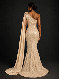 Gold Sequin One Shoulder Mermaid Prom Dress with Cape